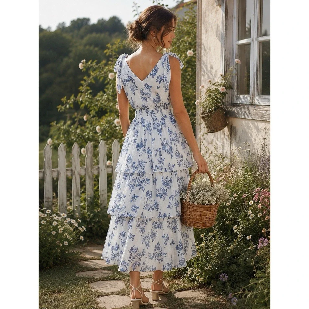 J GEE  Blue & White Floral Tiered Maxi Dress Womens S Ruffles Cottage Fairy Boho